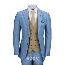 Mens 3 Piece Blue Windowpane Check Suit Double Breasted Waistcoat Tailored Fit