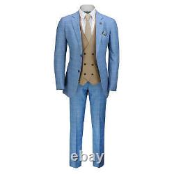 Mens 3 Piece Blue Windowpane Check Suit Double Breasted Waistcoat Tailored Fit