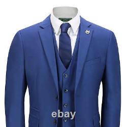 Mens 3 Piece Business Suit Navy Blue Retro Smart Formal Jacket Trouser Waistcoat