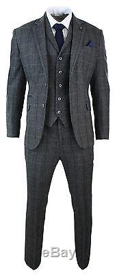 Mens 3 Piece Classic Tweed Herringbone Check Grey Navy Slim Fit Vintage Suit