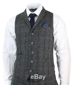 Mens 3 Piece Classic Tweed Herringbone Check Grey Navy Slim Fit Vintage Suit