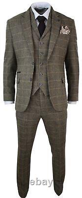 Mens 3 Piece Classic Tweed Herringbone Check Tan Brown Slim Fit Vintage Suit