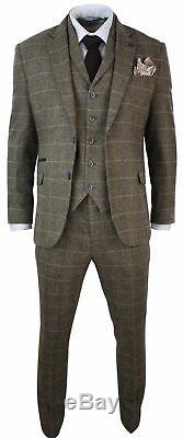 Mens 3 Piece Classic Tweed Herringbone Check Tan Brown Slim Fit Vintage Suit