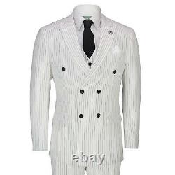 Mens 3 Piece Double Breasted Suit Black Pinstripe White 1920 Gatsby Tailored Fit