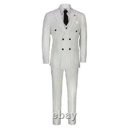 Mens 3 Piece Double Breasted Suit Black Pinstripe White 1920 Gatsby Tailored Fit