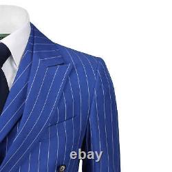 Mens 3 Piece Double Breasted Wide Chalk Stripe Suit Royal Blue Classic Retro Fit