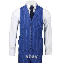 Mens 3 Piece Double Breasted Wide Chalk Stripe Suit Royal Blue Classic Retro Fit