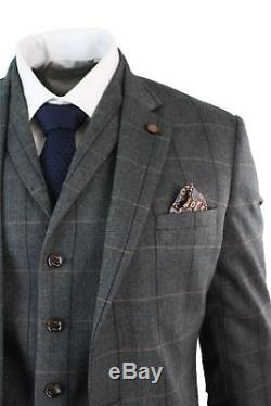 Mens 3 Piece Grey Blue Check Tweed Herringbone Vintage Slim Fit Suit
