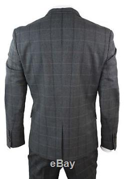 Mens 3 Piece Grey Blue Check Tweed Herringbone Vintage Slim Fit Suit