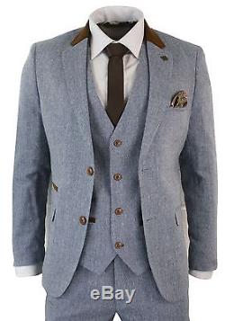 Mens 3 Piece Herringbone Tweed Light Blue Sky Brown Slim Fit Suit Vintage Retro