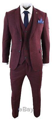 Mens 3 Piece Marc Darcy Tweed Retro Herringbone Wine Navy Trim Slim Fit Suit