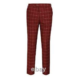 Mens 3 Piece Maroon Grid Check Suit with Contrast Double Breasted Waistcoat