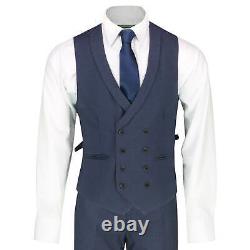 Mens 3 Piece Navy Pindot Suit Retro Smart Tailored Fit Blazer Waistcoat Trouser