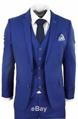 Mens 3 Piece Royal Blue Slim Fit Wedding Prom Office Suit Classic Harry Brown