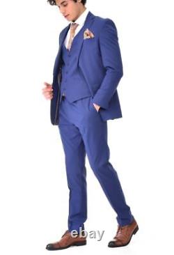 Mens 3 Piece Royal Blue Suit Plain Vintage Slim Fit Wedding Prom Party Retro