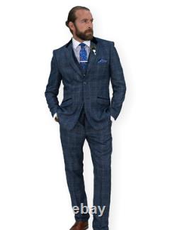 Mens 3 Piece Suit Blue Cavani Tweed Slim Fit Peaky Blinder Vintage Miles Wedding