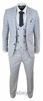 Mens 3 Piece Suit Blue Double Breasted Waistcoat Prince Of Wales Check Slim Fit