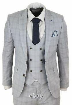 Mens 3 Piece Suit Blue Double Breasted Waistcoat Prince Of Wales Check Slim Fit