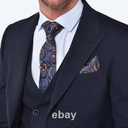 Mens 3 Piece Suit Business Tailored Slim Fit Contrast Check 3 Piece Suit Navy