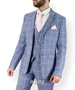Mens 3 Piece Suit Cavani Sky Blue Check Vintage Wedding Peaky Blinders Slim Fit