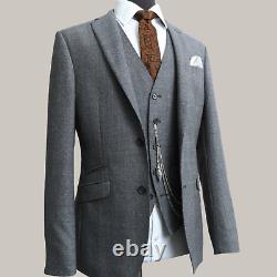 Mens 3 Piece Suit Grey Check Wool Slim Fit Vintage Wedding