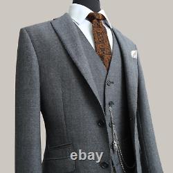 Mens 3 Piece Suit Grey Check Wool Slim Fit Vintage Wedding