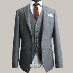 Mens 3 Piece Suit Grey Check Wool Slim Fit Vintage Wedding