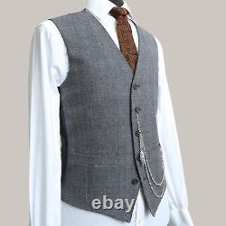 Mens 3 Piece Suit Grey Check Wool Slim Fit Vintage Wedding