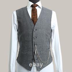 Mens 3 Piece Suit Grey Check Wool Slim Fit Vintage Wedding