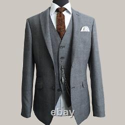 Mens 3 Piece Suit Grey Check Wool Slim Fit Vintage Wedding