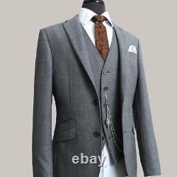 Mens 3 Piece Suit Grey Check Wool Slim Fit Vintage Wedding