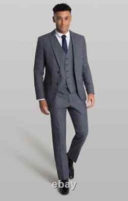 Mens 3 Piece Suit Grey Check Wool Slim Fit Wedding Formal Business