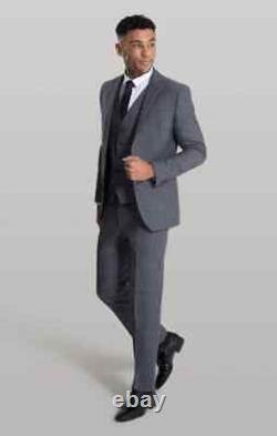 Mens 3 Piece Suit Grey Check Wool Slim Fit Wedding Formal Business