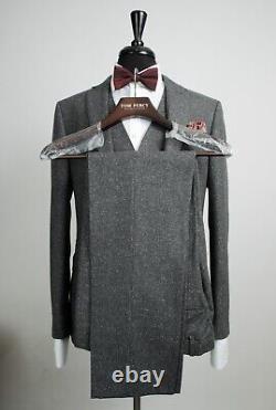 Mens 3 Piece Suit Grey Tweed Slim Fit Vintage
