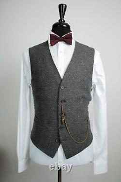 Mens 3 Piece Suit Grey Tweed Slim Fit Vintage 44R W38 L31