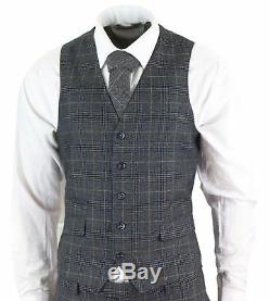 Mens 3 Piece Suit Herringbone Check Grey Blue Slim Fit Peaky Blinders Vintage