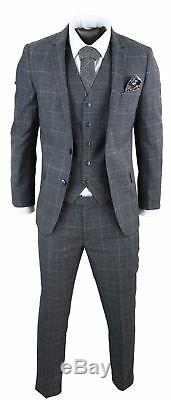 Mens 3 Piece Suit Herringbone Check Grey Blue Slim Fit Peaky Blinders Vintage