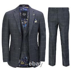 Mens 3 Piece Suit Herringbone Tweed Navy Blue Check Retro Fitted Peaky Blinders