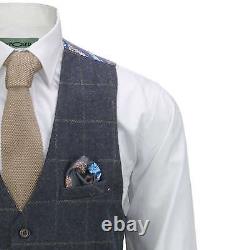 Mens 3 Piece Suit Herringbone Tweed Navy Blue Check Retro Fitted Peaky Blinders