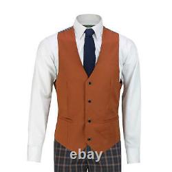 Mens 3 Piece Suit Orange Check Navy Smart Tailored Fit Jacket Trouser Waistcoat