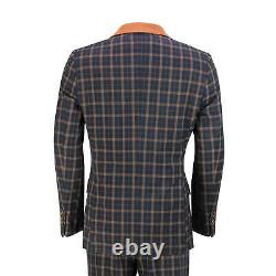 Mens 3 Piece Suit Orange Check Navy Smart Tailored Fit Jacket Trouser Waistcoat