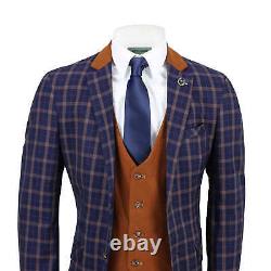 Mens 3 Piece Suit Retro Orange Check on Navy Blue Contrast Tan Waistcoat & Lapel
