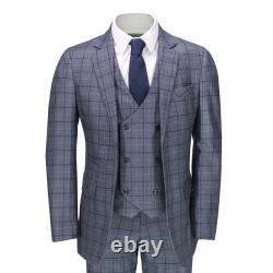 Mens 3 Piece Suit Retro Windowpane Check Vintage Style Smart Casual Tailored Fit