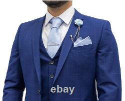 Mens 3 Piece Suit Royal Blue Check Slim Fit Wedding Formal Prom