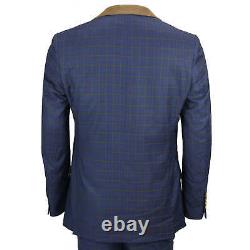 Mens 3 Piece Suit Vintage Windowpane Check Navy Blue Smart Tailored Fit UK Size