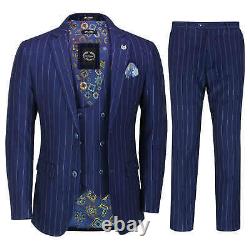 Mens 3 Piece Suit White on Navy Pinstripe 1920 Retro Classic Tailored Fit Jacket
