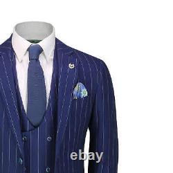Mens 3 Piece Suit White on Navy Pinstripe 1920 Retro Classic Tailored Fit Jacket