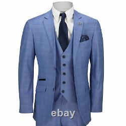 Mens 3 Piece Tailored Fit Blue Prince of Wales Check Smart Vintage Retro Suit