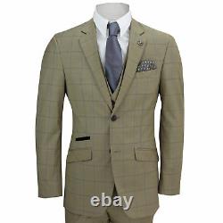 Mens 3 Piece Tailored Fit Tan Brown Prince of Wales Check Smart Vintage Suit