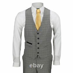 Mens 3 Piece Tailored Fit Yellow Grey Prince of Wales Check Smart Vintage Suit